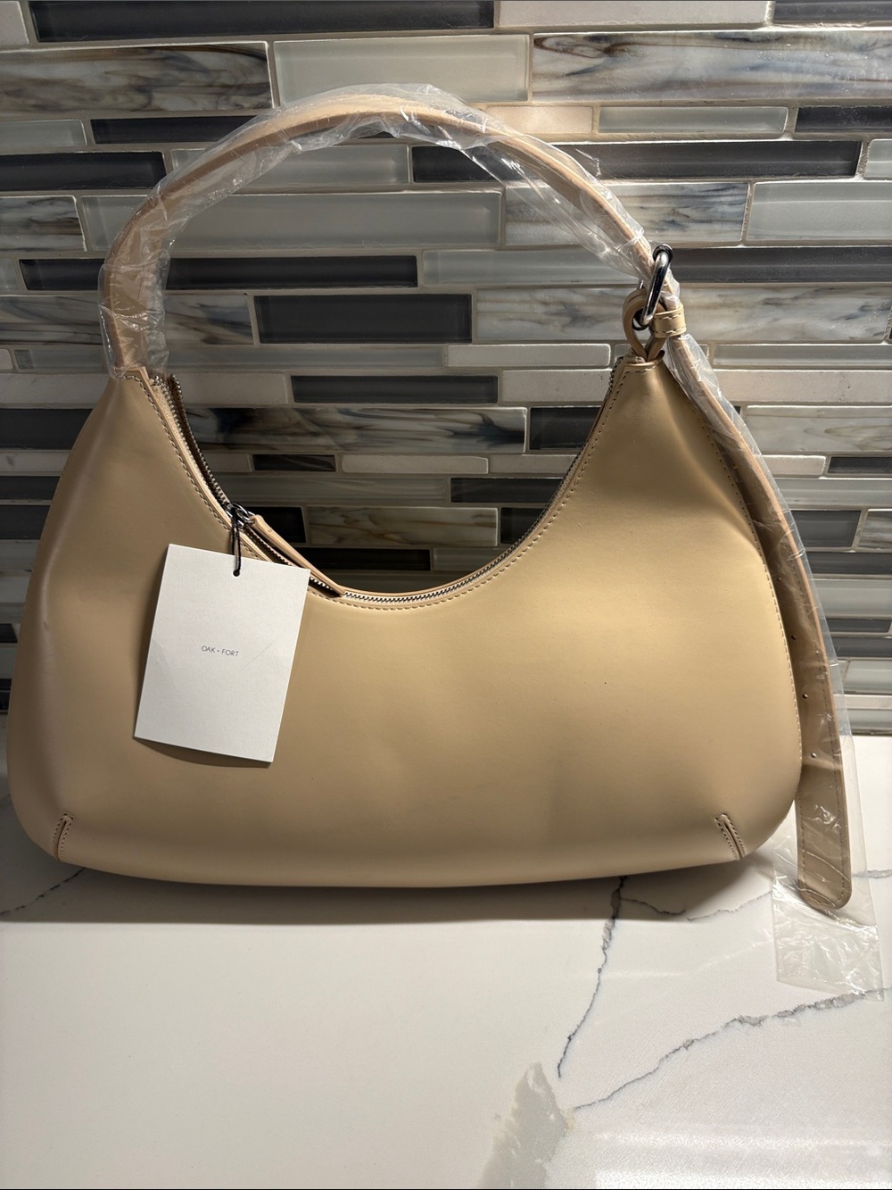 Minimalist Crescent Shoulder Bag in Beige